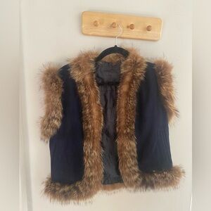 Fur Trimmed Vest in Navy and Brown